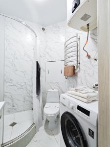 eine Waschmaschine in einem Badezimmer mit Toilette in der Unterkunft Белая студия Вокзал Харьков-Пассажирский in Kharkov