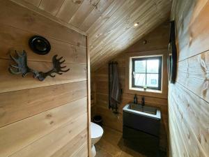 a bathroom with wooden walls and a toilet and a sink at Mountain Cabin With Views Over Jämtland's Expanse in Storhågna +29 photos