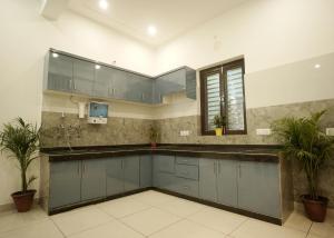 uma cozinha com armários azuis, uma janela e plantas em Hare Krishna Homestay em Agra