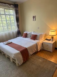 a bedroom with a large bed with a window at Eden Space Accommodations in Nairobi