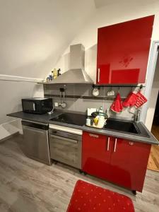 a small kitchen with red cabinets and a stove at Appartement confortable avec piscine à Cour-Cheverny in Cour-Cheverny