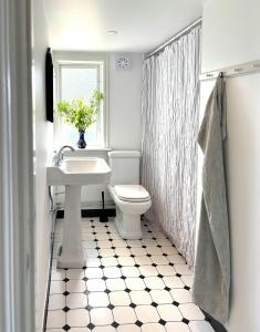 a bathroom with a sink and a toilet and a window at Romantic Summer House On Orust in Stillingsön