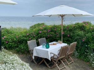 a table with an umbrella and chairs and the ocean at Beachfront House At Hølken Beach in Odder