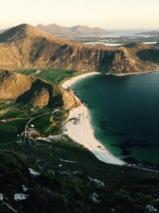 an aerial view of a beach and water at Harteigen cabin Lofoten retreat in Vestvågøya