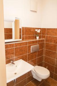 a bathroom with a toilet and a sink at SUNNYHOME Monteurwohnungen und Apartments nahe Regensburg in Obertraubling +12 photos