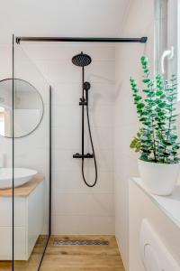 een badkamer met een douche en een potplant bij Apartmani Zaja in Trogir +37 foto's