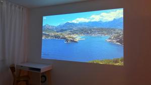 a tv hanging on a wall with a picture of a lake at Затишне місце біля парку in Kyiv