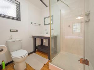 a bathroom with a shower and a toilet and a sink at Eagles' Call Cottages and Tent in Wilderness