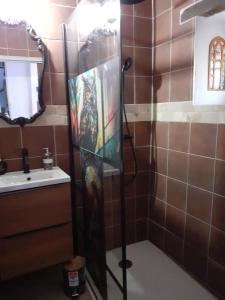 una doccia con una porta in vetro accanto a un lavandino di Le terrier des sorciers a Crémieu