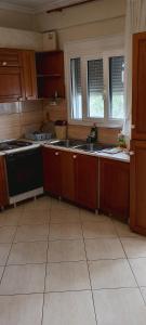 eine Küche mit Holzschränken, einem Waschbecken und 2 Fenstern in der Unterkunft To Σπιτι του Θωμά in Kardítsa