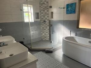 a bathroom with a shower and a tub and a sink at Oceana Views in Gordonʼs Bay +13 photos
