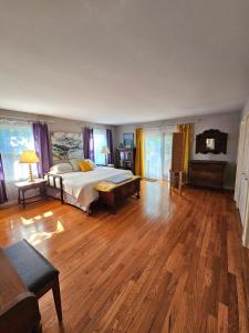 a large bedroom with a bed and a wooden floor at Hot Tub 3 Kings Close To Everything in Bloomington