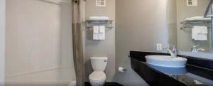 um banheiro com vaso sanitário, pia e chuveiro em Park Inn by Radisson em Grand Island