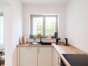 a kitchen with a counter with a sink and a window at Exklusive Wohnung mit Ahrblick 3 in Bad Neuenahr-Ahrweiler