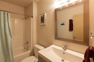 un bagno con lavandino, WC e specchio di Mountain House a Mount Hood Altre 34 foto