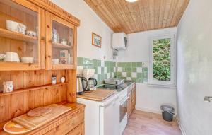 a kitchen with wooden cabinets and a white stove at Ferienhaus Boitzenburger Land in Rosenow