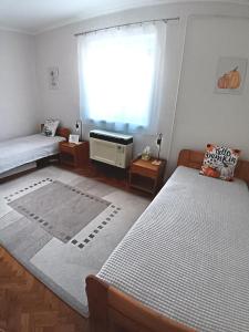 een slaapkamer met twee bedden en een raam bij Tulipán Apartman in Békéscsaba +32 foto's