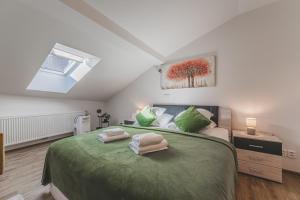 Ένα ή περισσότερα κρεβάτια σε δωμάτιο στο Romantické studio v podkroví na Velkém náměstí, Wi-Fi, Netflix