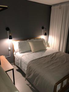 een slaapkamer met een bed met twee lampen erop bij Aifin bonito monoambiente in Neuquén