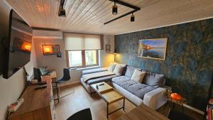 a living room with a couch and a tv at G24 Woodhouse in Kaposvár