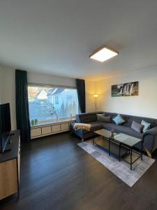 a living room with a couch and a large window at HarzRoots mit Garage in Bad Harzburg