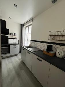a kitchen with white cabinets and a sink and a window at Duplex chic et pratique in Nogent-sur-Seine +22 photos