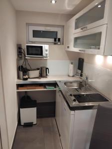Una pequeña cocina con fregadero y microondas. en Tango apartment, en Breitenworbis