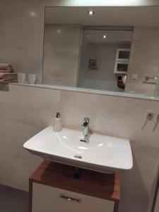 Un baño con un lavabo blanco y un espejo. en Tango apartment, en Breitenworbis