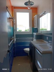 ein blaues Badezimmer mit Toilette und Waschbecken in der Unterkunft Terrasse du 7 in Notre-Dame-de-Monts