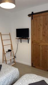 a room with a television and a wooden door at Gîte Le Studio 7 in Sully-sur-Loire