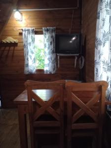 ティグレにあるTinyHouseLosAndesのテーブル、椅子2脚、テレビが備わる客室です。