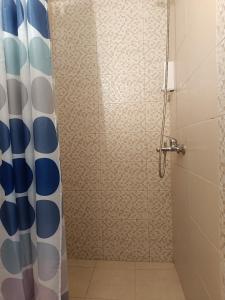 a shower with a blue and white shower curtain in a bathroom at Ζ&Ζ Studios in Perea