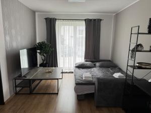 a living room with a bed and a table at Apartmán v centre mesta in Žilina