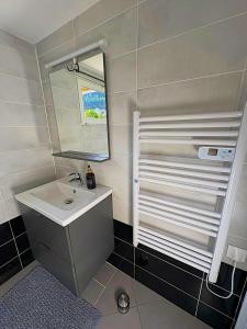 a small bathroom with a sink and a mirror at Belle île in Villers-le-Lac +27 photos