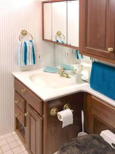 a bathroom with a sink and a mirror at The Great Escape - Shirley & Bunkhouse in Sooke