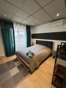 a bedroom with a large bed with blue curtains at LE GARIBALDI - CENTRE VILLE - parking privatif in Limoges