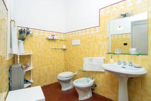 bagno con lavandino, servizi igienici e specchio di B&B Salighes a Ozieri