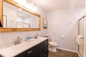 a bathroom with a sink and a toilet and a mirror at Snaggys Retreat in Boone +25 photos