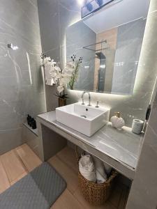 ein Badezimmer mit einem weißen Waschbecken und einem Spiegel in der Unterkunft Vivi la comodidad de una casa pensada para vos in Diamante + 13 Fotos