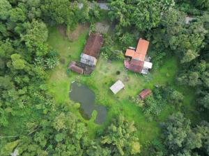 an aerial view of a yard with a pond and trees at Drop House Hostel in Ubatuba