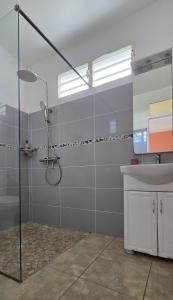 a bathroom with a shower and a sink at La Tropicale Zen - Cocons en pleine nature in Sainte-Rose +18 photos
