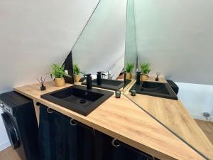 Un baño con dos lavabos y un espejo. en Le Cocon Arras Centre & Netflix 4 pers, en Arras 20 fotos más