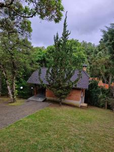 モンテ・ヴェルデにあるChalés Caminho das Pedrasの庭の木のある小さな家