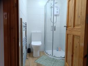 a bathroom with a toilet and a glass shower at Cottage on the grounds of Rathmullan House Hotel in Rathmullan +26 photos
