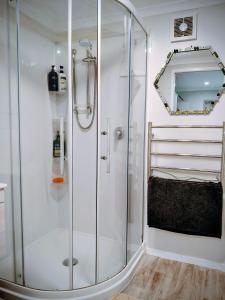 a shower stall in a bathroom with a mirror at Private Rotorua Hideaway - Pet Friendly BB with Electric Heating in Mourea