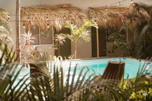 塔马林多Refugio Surf Lodge的一座带棕榈树游泳池的房子