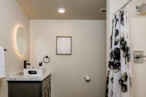 a bathroom with a sink and a mirror at Modern City View 1BR Apartment with Office - free parking in Appleton