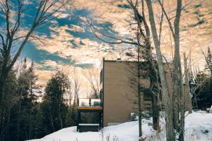 una pequeña casa en el bosque con nieve en el suelo en Le Yéti de Tremblant, en La Conception 52 fotos más