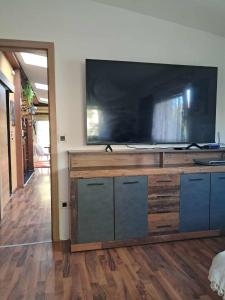 ein großer Flachbildfernseher an einer Wand in einem Raum in der Unterkunft Bobby room in Rose resort, Ljubljana in Mrše