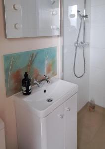 a white bathroom with a sink and a shower at Ty Heulwen Studio in St. Davids